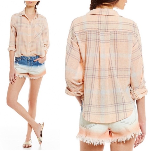 Free People small oversized plaid wing sleeve top - Picture 1 of 8